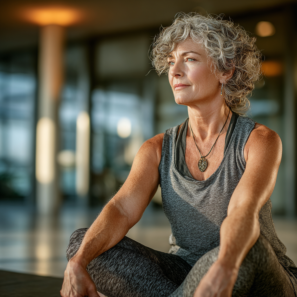 Active mature woman in her 50s doing yoga and stretching exercises in a peaceful wellness center environment, demonstrating proper form and mindful movement