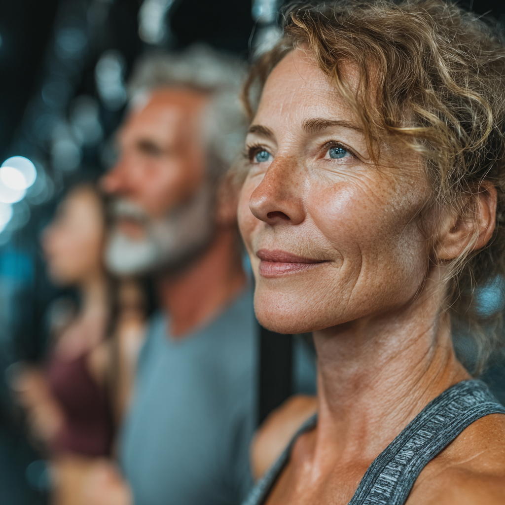 Mature adults aged 45-55 engaging in a group fitness class, showing active lifestyle and wellness focus with participants using exercise equipment